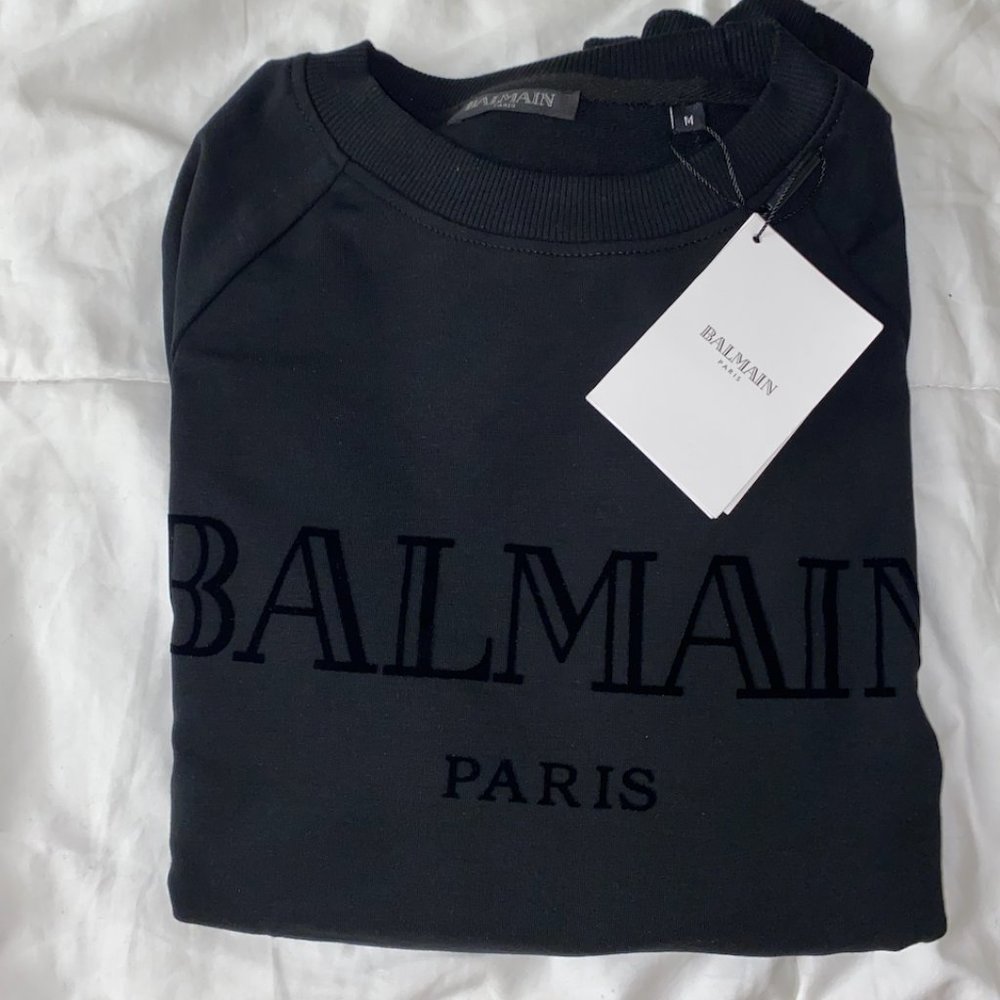 NEW Balmain Velvet Logo Black Crewneck Sweatshirt